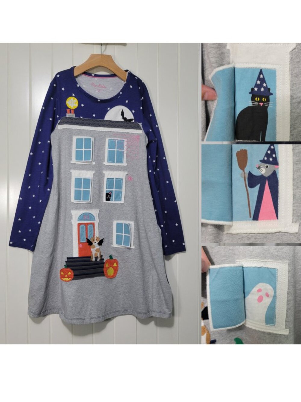 11-12y Mini Boden Spooky Pets Lift-the-Flap Girls Halloween Haunted House Dress
